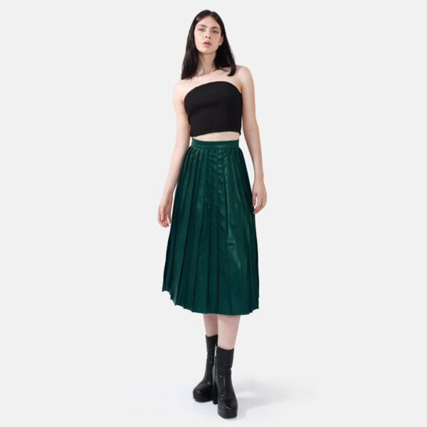 Vegan Leather Pleated Midi Green Skirt Han7 - Image 2